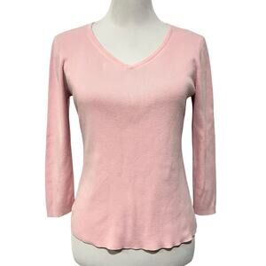 Ann Taylor LOFT Vintage Y2K Cotton Knit Top Pastel Pink V-Neck 3/4 Sleeve Sz S